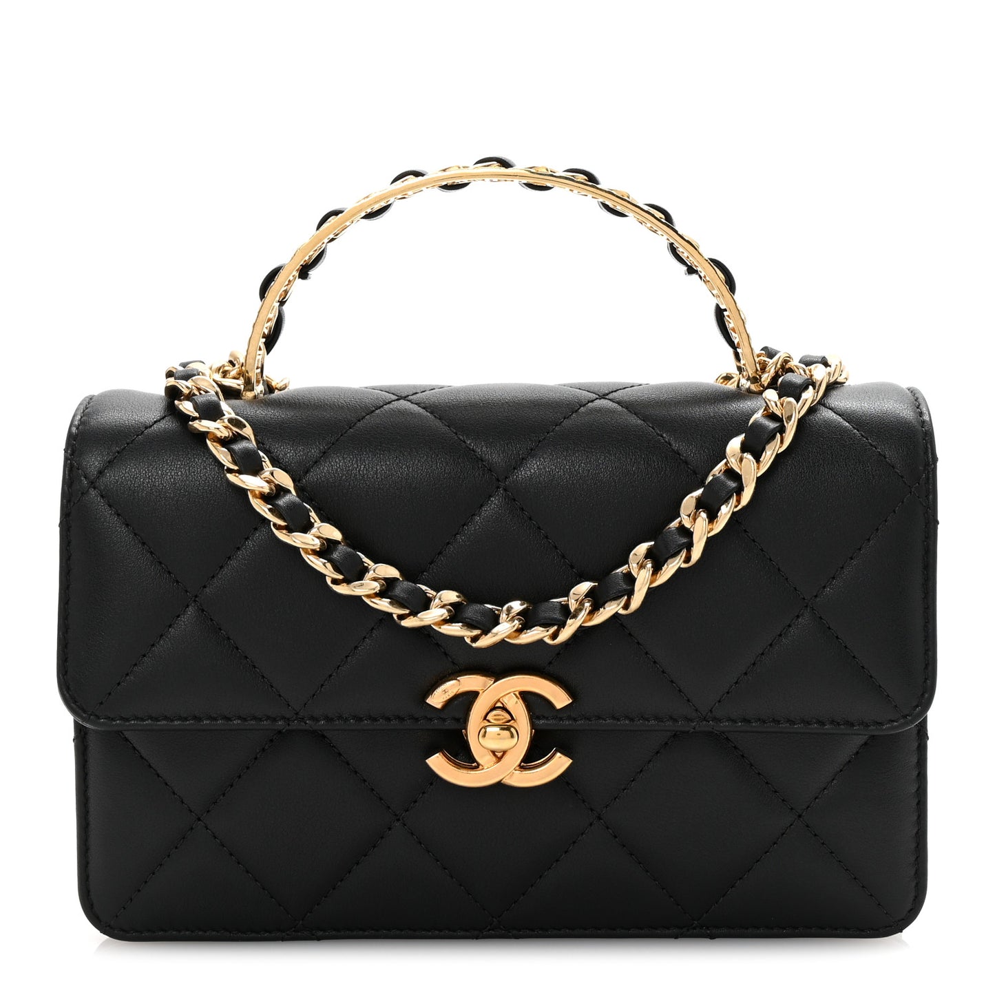 Shiny Calfskin Quilted Mini Metal Top Handle Flap Black