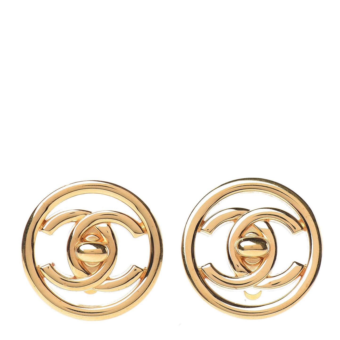 CC Turn Lock Large Clip On Earrings Gold