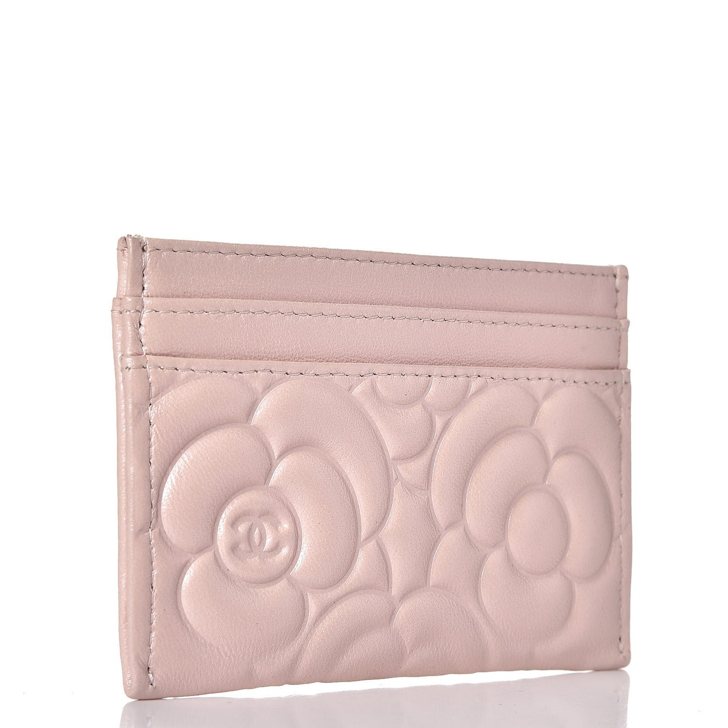 Lambskin Camellia Embossed Card Holder Nude