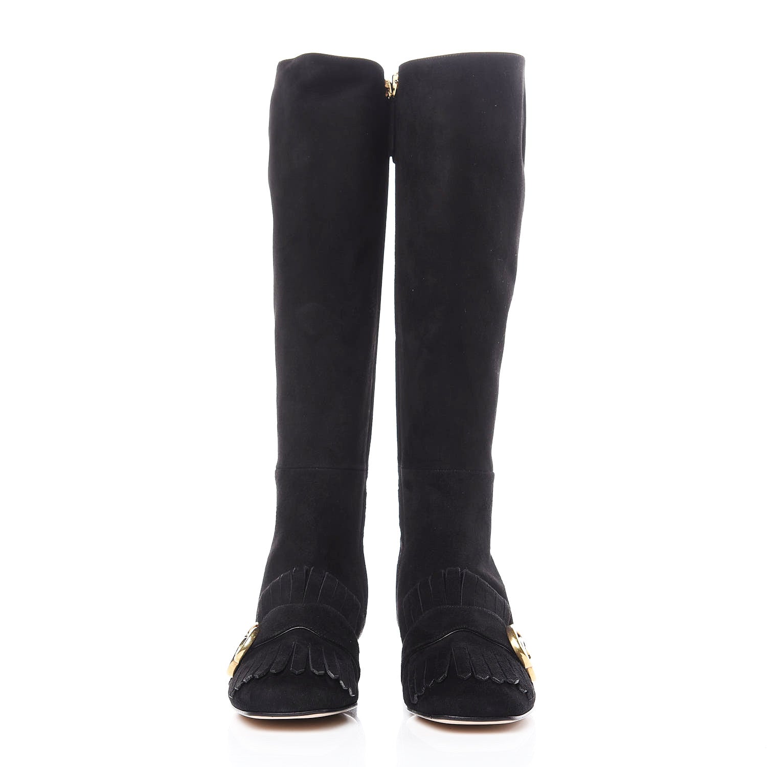 Gucci Kid Scamosciato GG Marmont Fringe Knee High Boots 35.5 Black 3 of 9