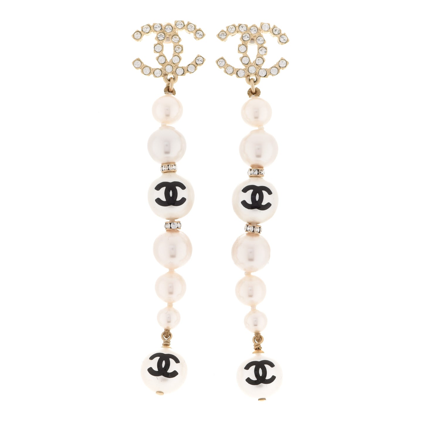 Pearl Crystal Coco's Pearls CC Long Drop Earrings Pearly White Gold Black