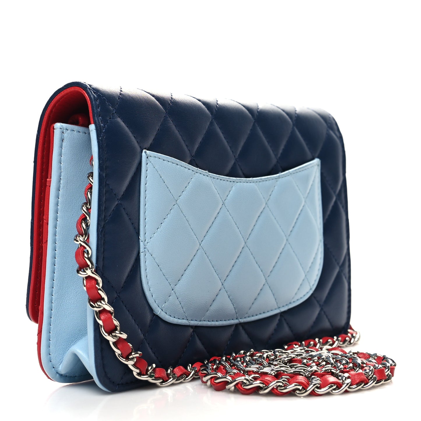 Lambskin Quilted Tri-Color Wallet On Chain WOC Red Blue