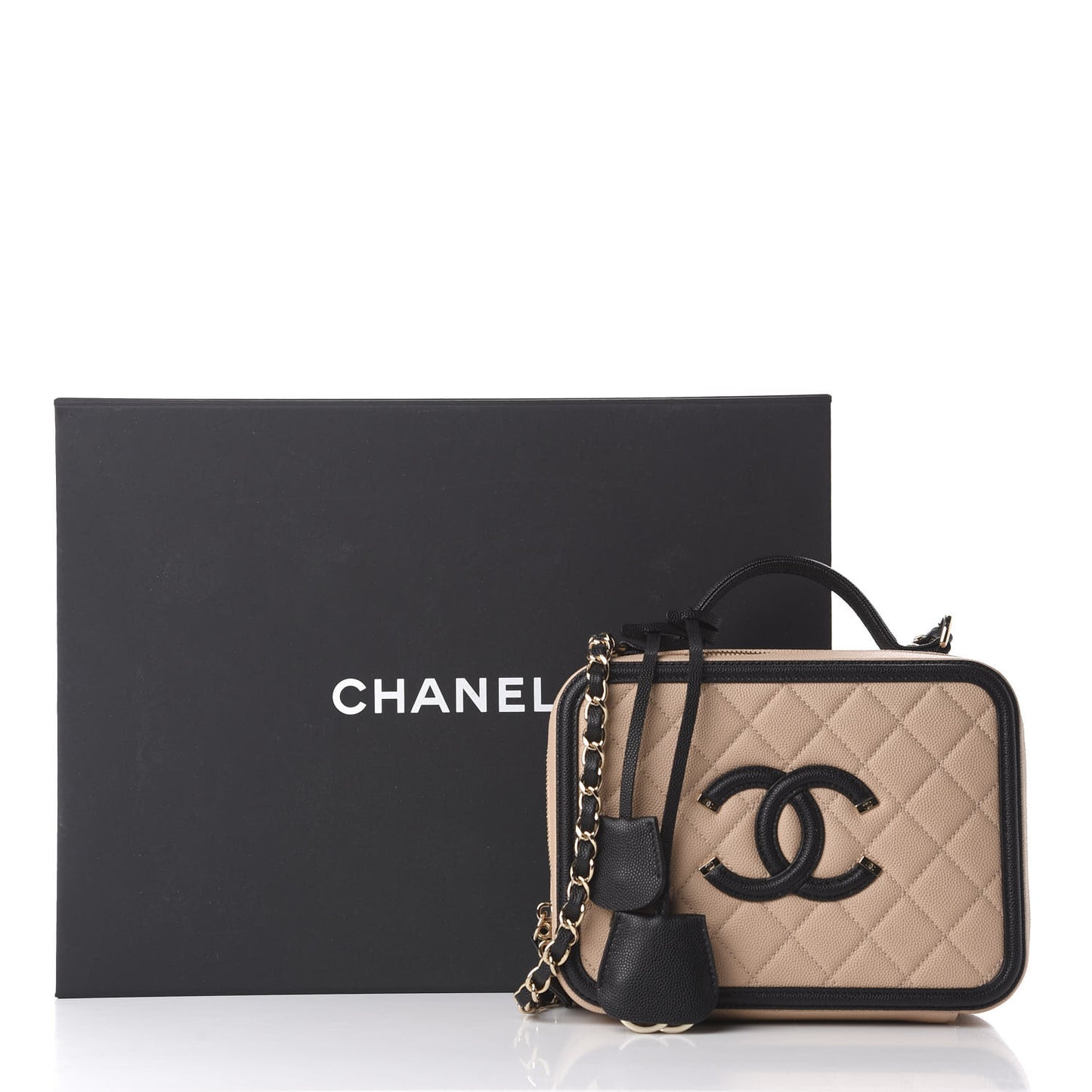 Caviar Quilted Medium CC Filigree Vanity Case Beige Black
