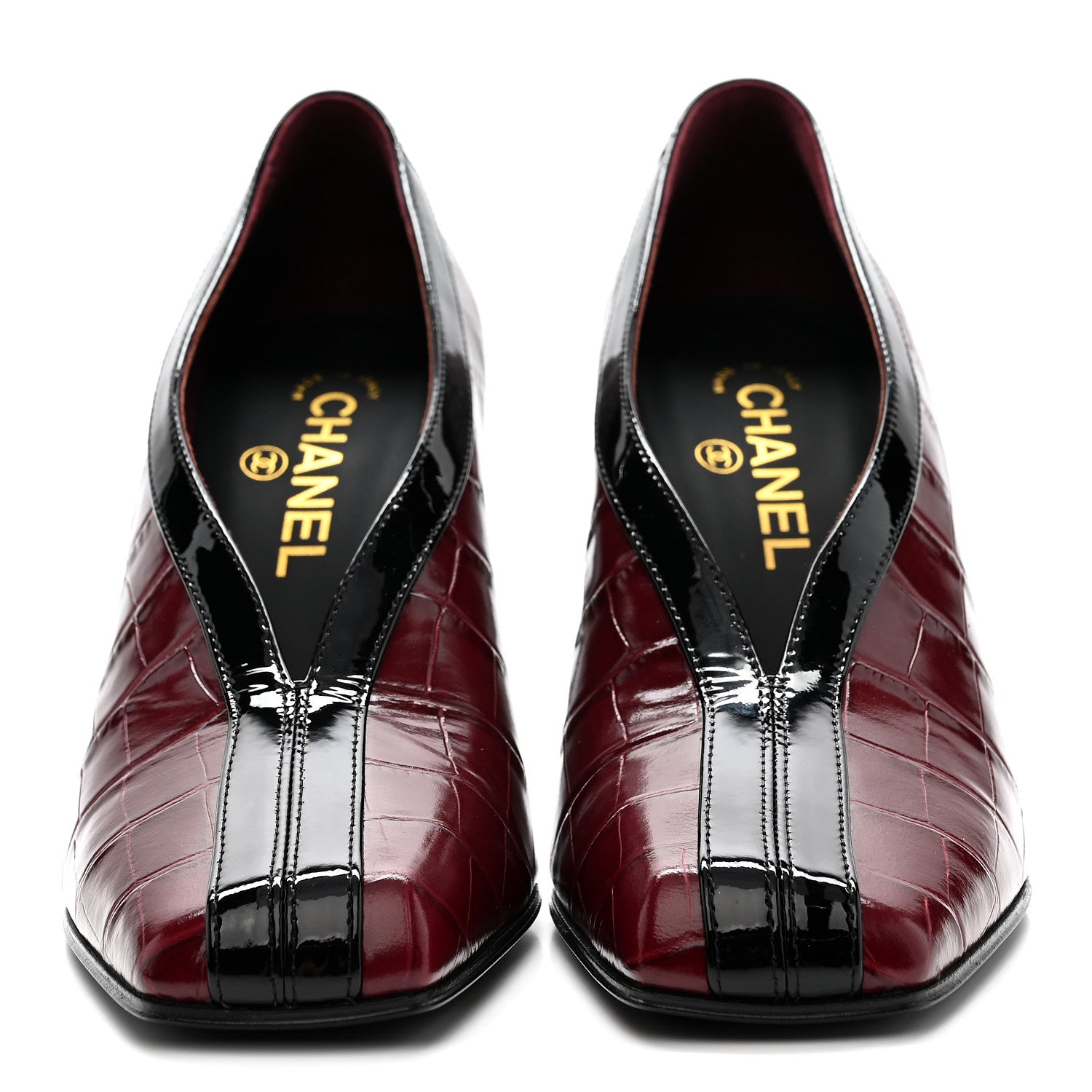 Chanel Crocodile Embossed Patent Calfskin Pumps 38.5 Burgundy Black 3 of 10