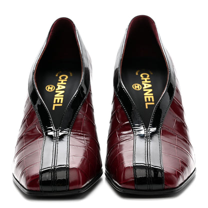Chanel Crocodile Embossed Patent Calfskin Pumps 38.5 Burgundy Black 3 of 10
