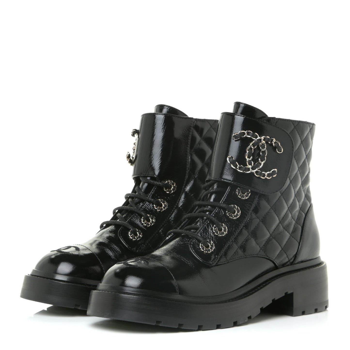 Shiny Calfskin Quilted Lace Up Combat Boots 37 Black