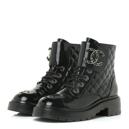 Chanel Shiny Calfskin Quilted Lace Up Combat Boots 37 Black 3 of 16