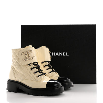 Chanel Shiny Lambskin Quilted Lace Up Combat Boots 36.5 White Black 12 of 12