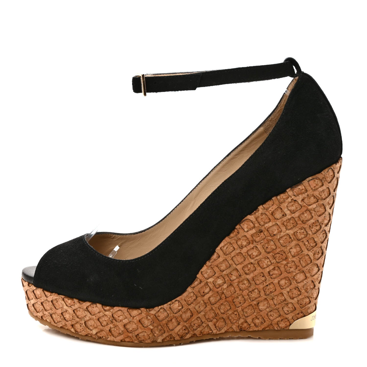 Jimmy Choo Suede Pacific 120mm Peep-Toe Cork Wedge Sandal 39.5 Black 1 of 7