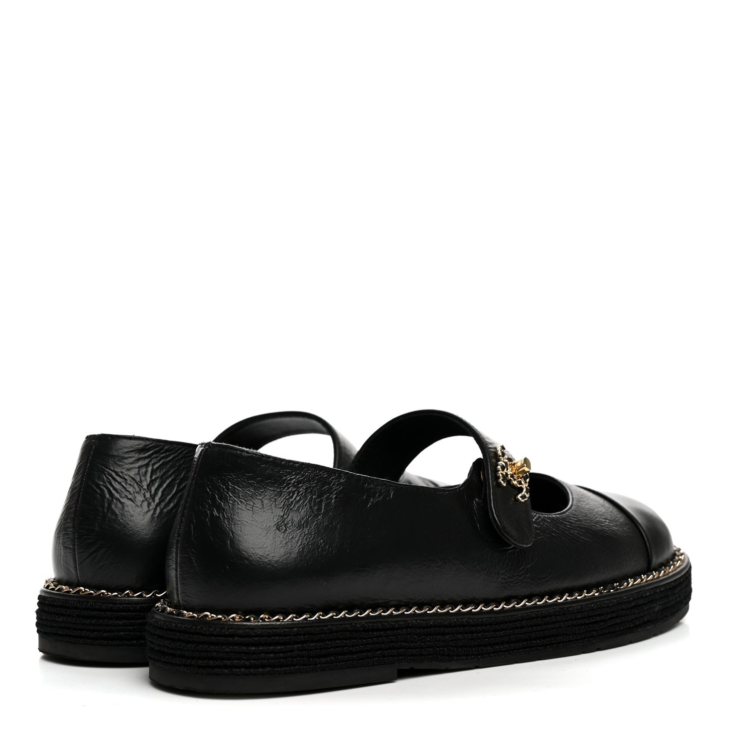 Crumpled Lambskin Cap Toe Chain CC Turnlock Mary Jane Flats 35 Black