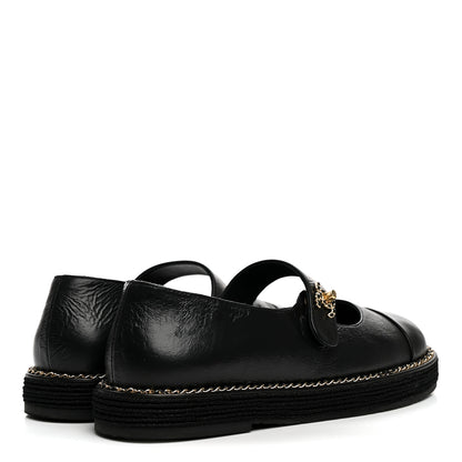 Chanel Crumpled Lambskin Cap Toe Chain CC Turnlock Mary Jane Flats 35 Black 5 of 8