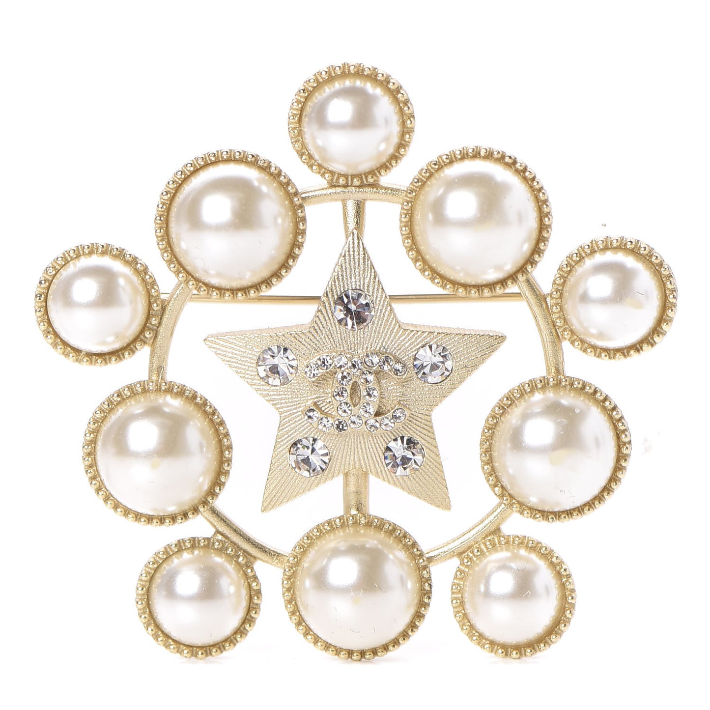 Pearl Crystal CC Star Brooch Gold