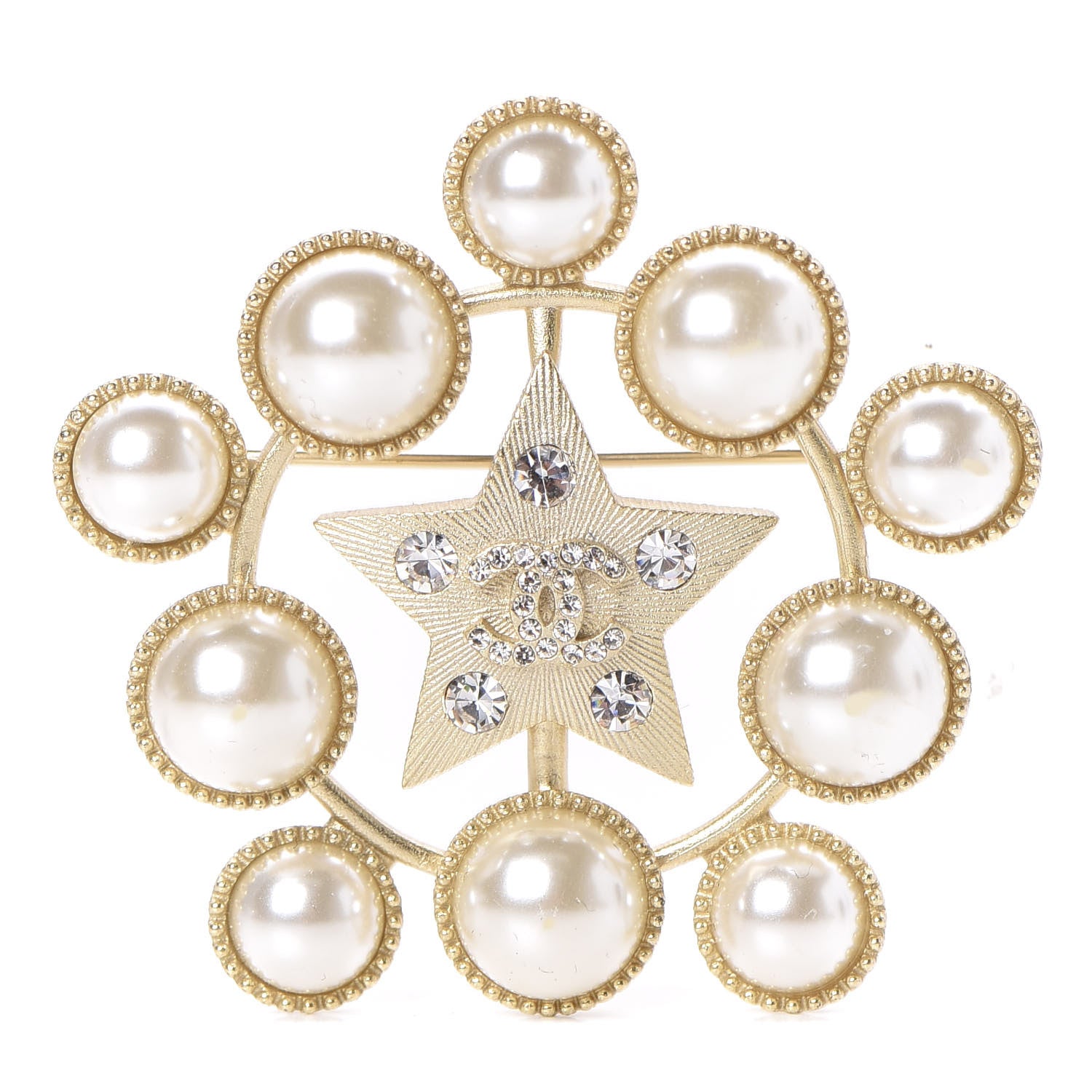 Chanel Pearl Crystal CC Star Brooch Gold 1 of 5