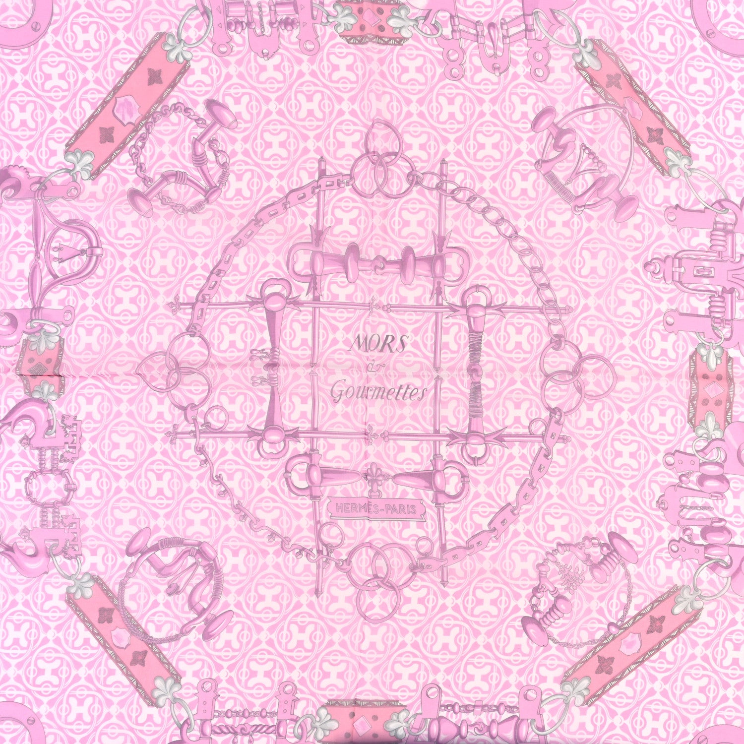 Hermes Chale Silk Mousseline Mors Et Gourmettes Remix Shawl 140 Rose Bonbon White 2 of 4