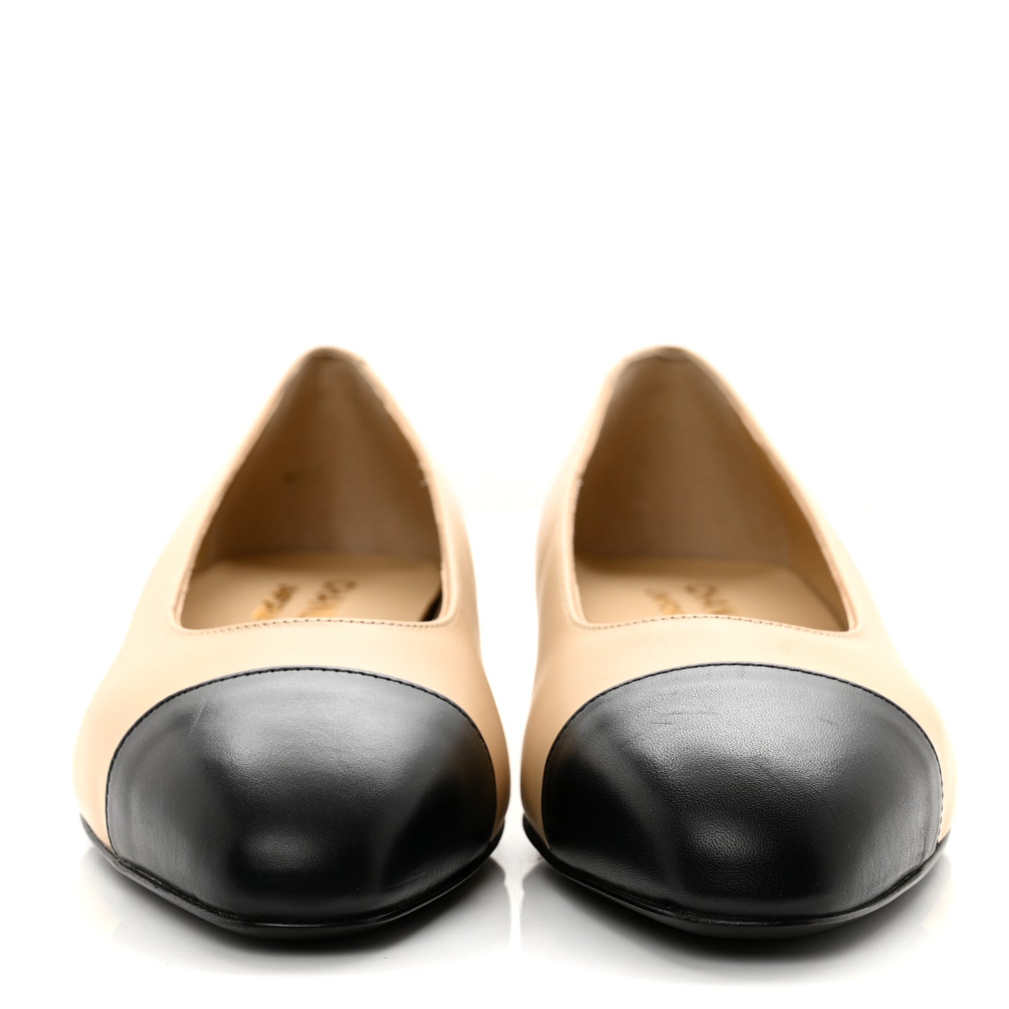 Lambskin Cap Toe CC Uniform Ballerina Flats 36 Beige Black
