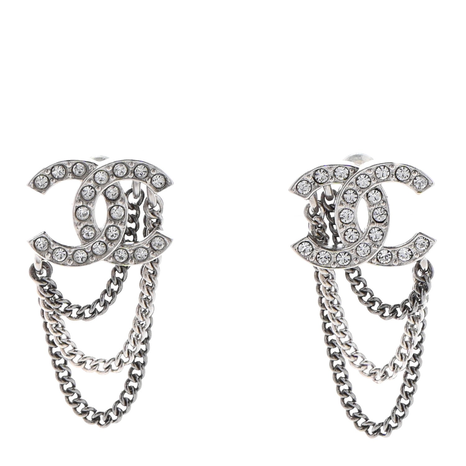 Chanel Crystal Chain CC Earrings Silver 1 of 4