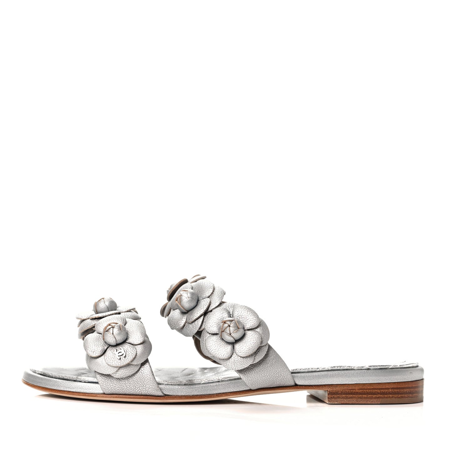 Metallic Lambskin Camellia Slide Sandals 35 Silver
