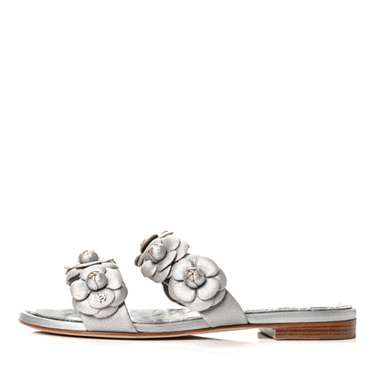 Chanel Metallic Lambskin Camellia Slide Sandals 35 Silver 1 of 9
