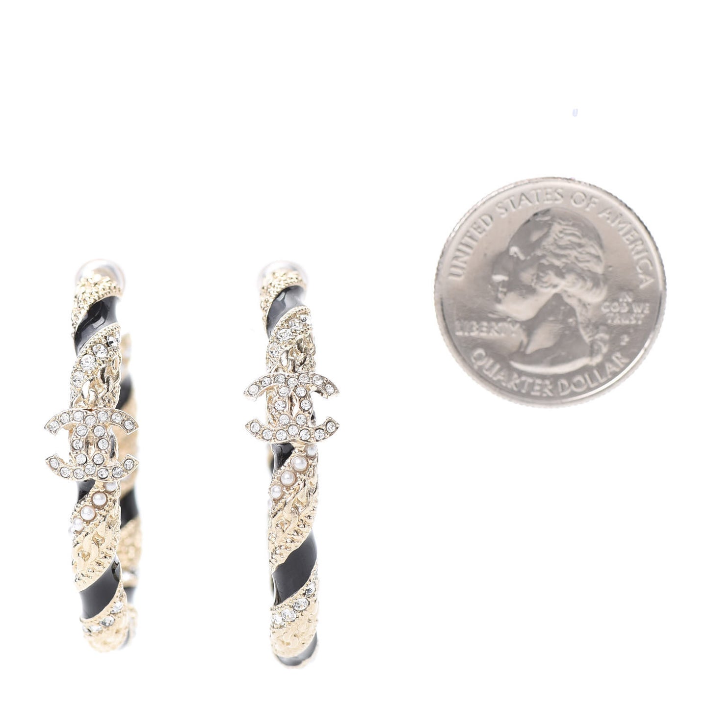Crystal Pearl Twist CC Hoop Earrings Gold Black