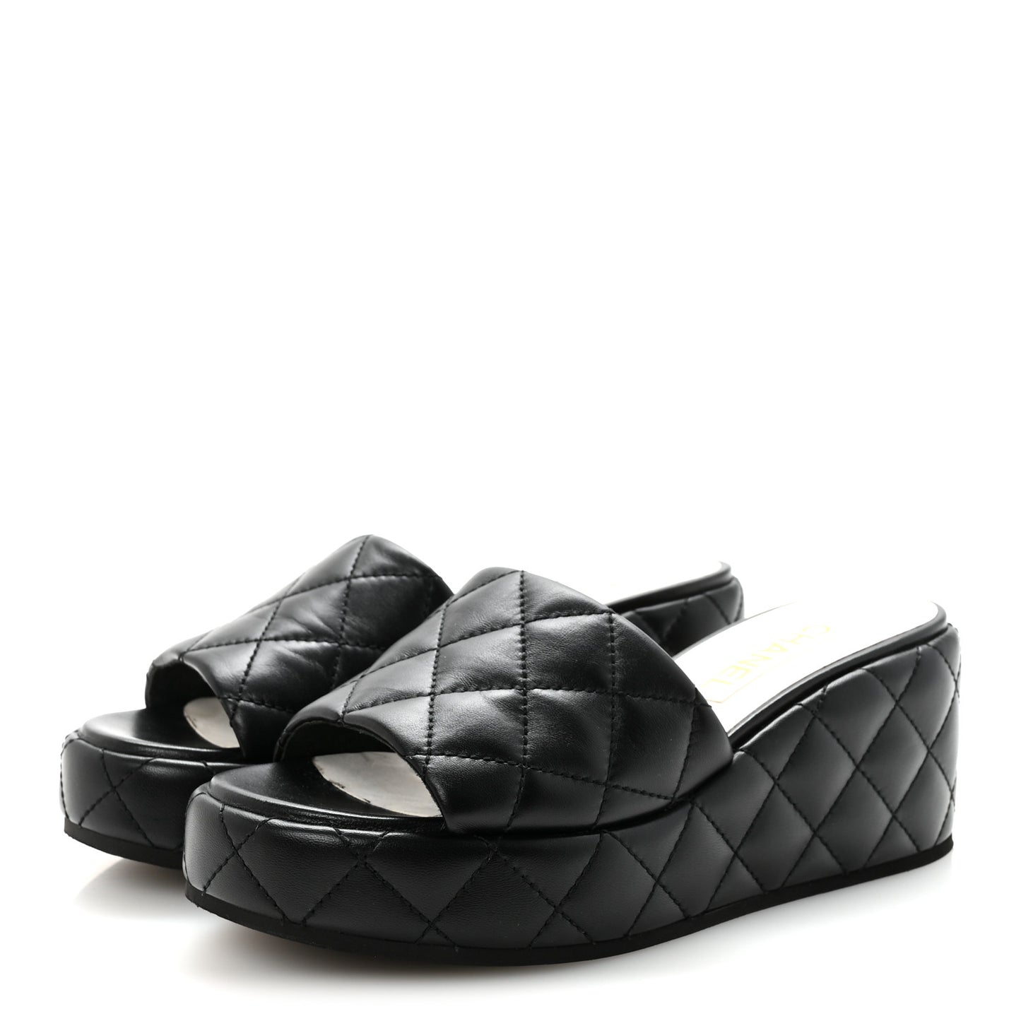 Lambskin Quilted Camelia CC Wedge Sandal Mules 40 Black