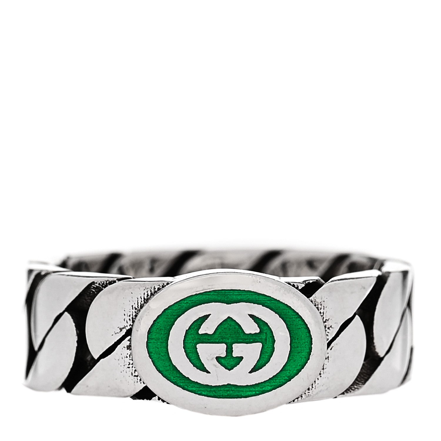 Gucci Sterling Silver Enamel Interlocking G Chain Ring 51 5.75 Green 1 of 4