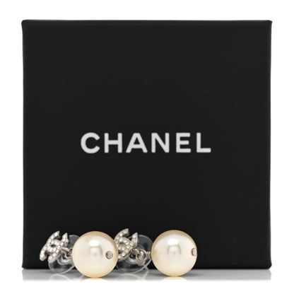 Chanel Crystal Pearl CC Drop Earrings Silver Pearly White 7 of 7