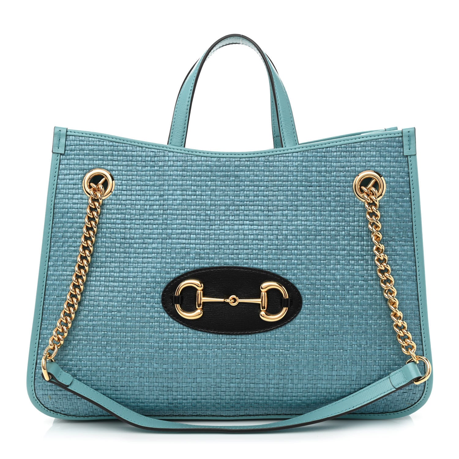 Gucci Straw Azalea Calfskin Medium Horsebit 1955 Tote Bag Dusty Azure Black 1 of 9