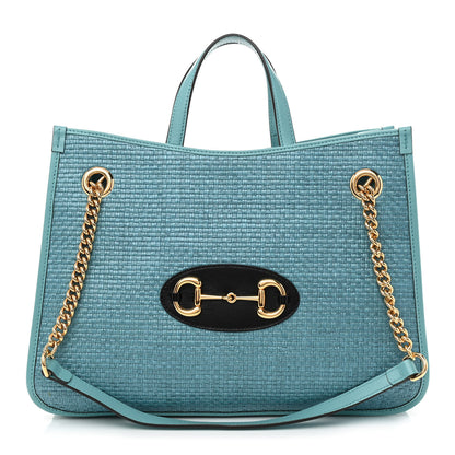 Gucci Straw Azalea Calfskin Medium Horsebit 1955 Tote Bag Dusty Azure Black 1 of 9