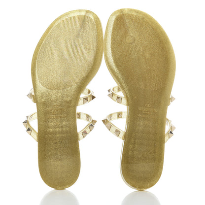 Valentino Garavani PVC Jelly Glitter Rockstud Caged Flat Thong Sandals 35 Oro 5 of 8