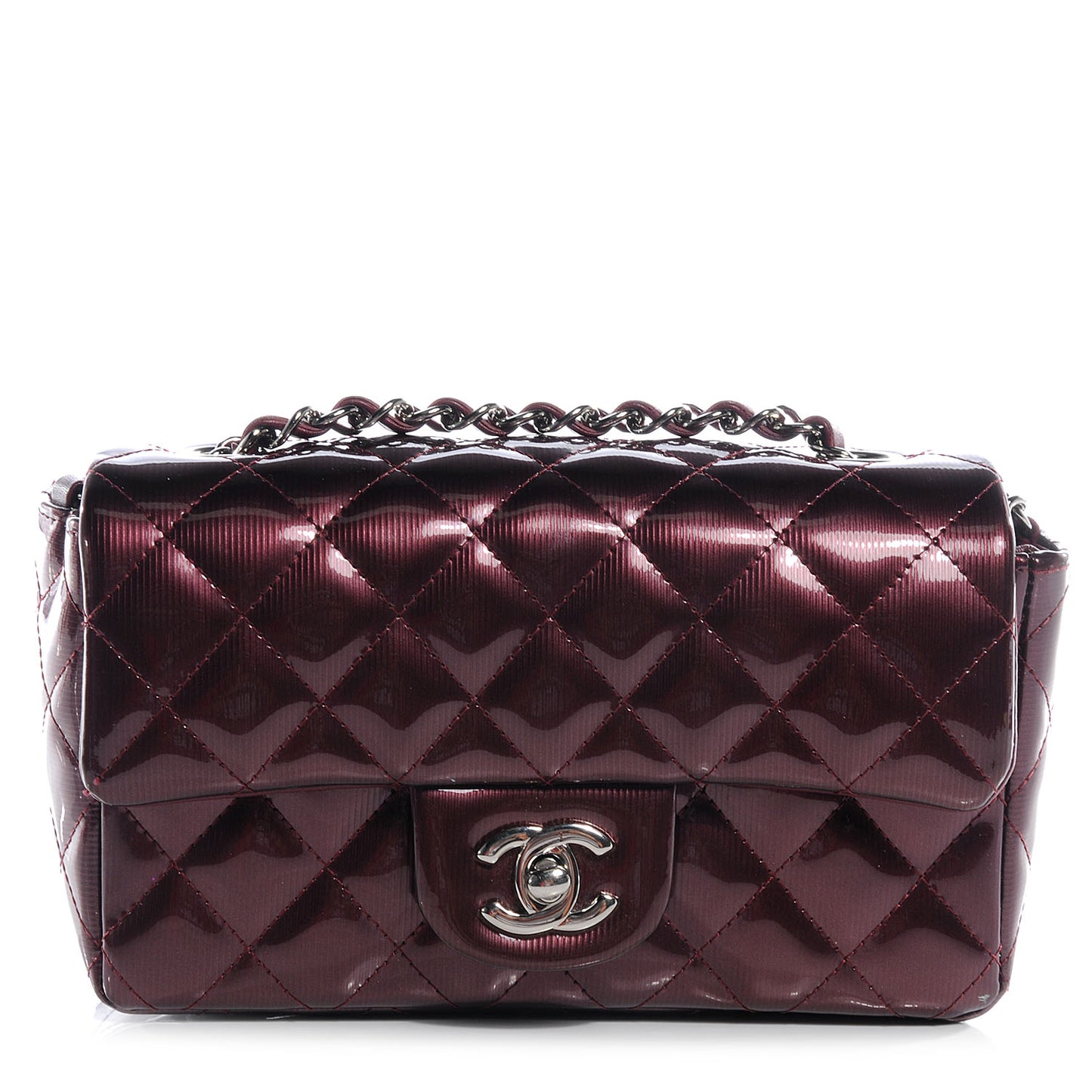 Striated Patent Quilted Mini Flap Burgundy