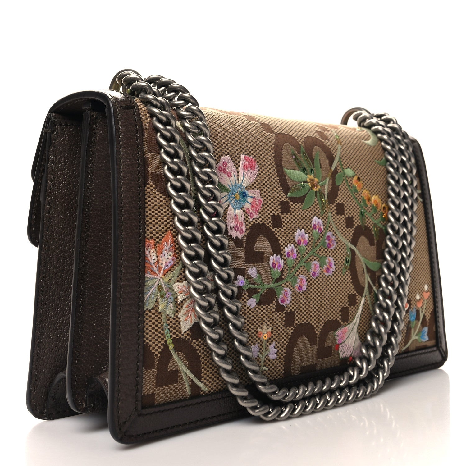 Gucci Monogram Jumbo GG Textured Dollar Calfskin Embroidered Small Dionysus Shoulder Bag Camel Ebony New Acero Multicolor 3 of 11