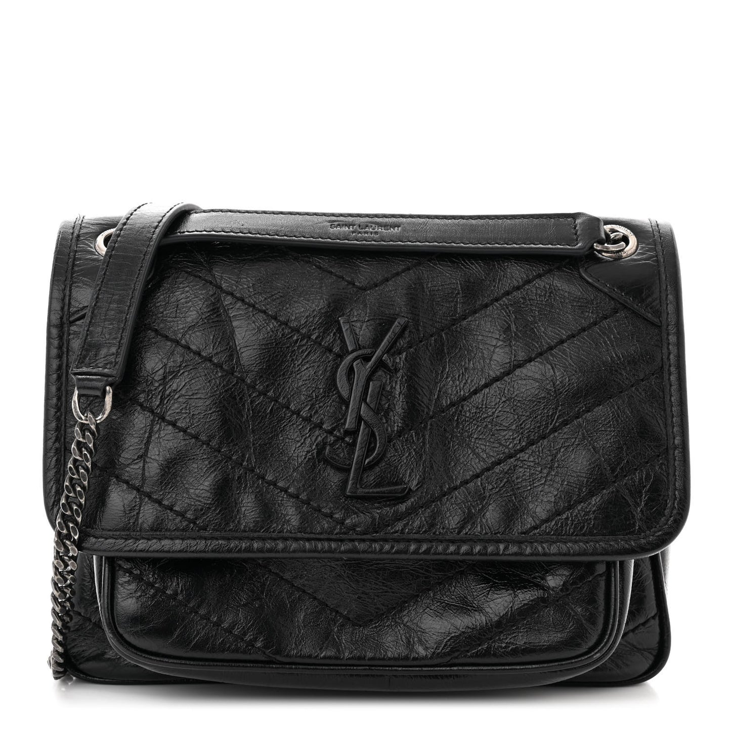 Crinkled Calfskin Matelasse Monogram Baby Niki Chain Satchel Black