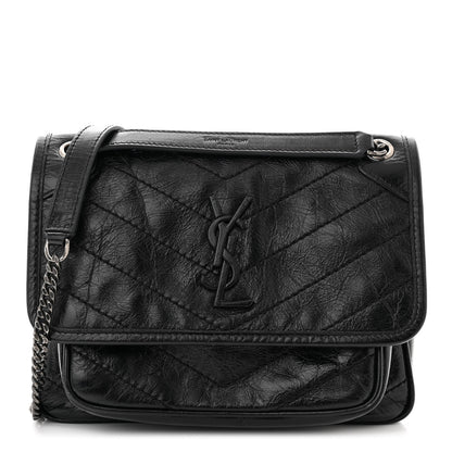 Saint Laurent Crinkled Calfskin Matelasse Monogram Baby Niki Chain Satchel Black 1 of 11