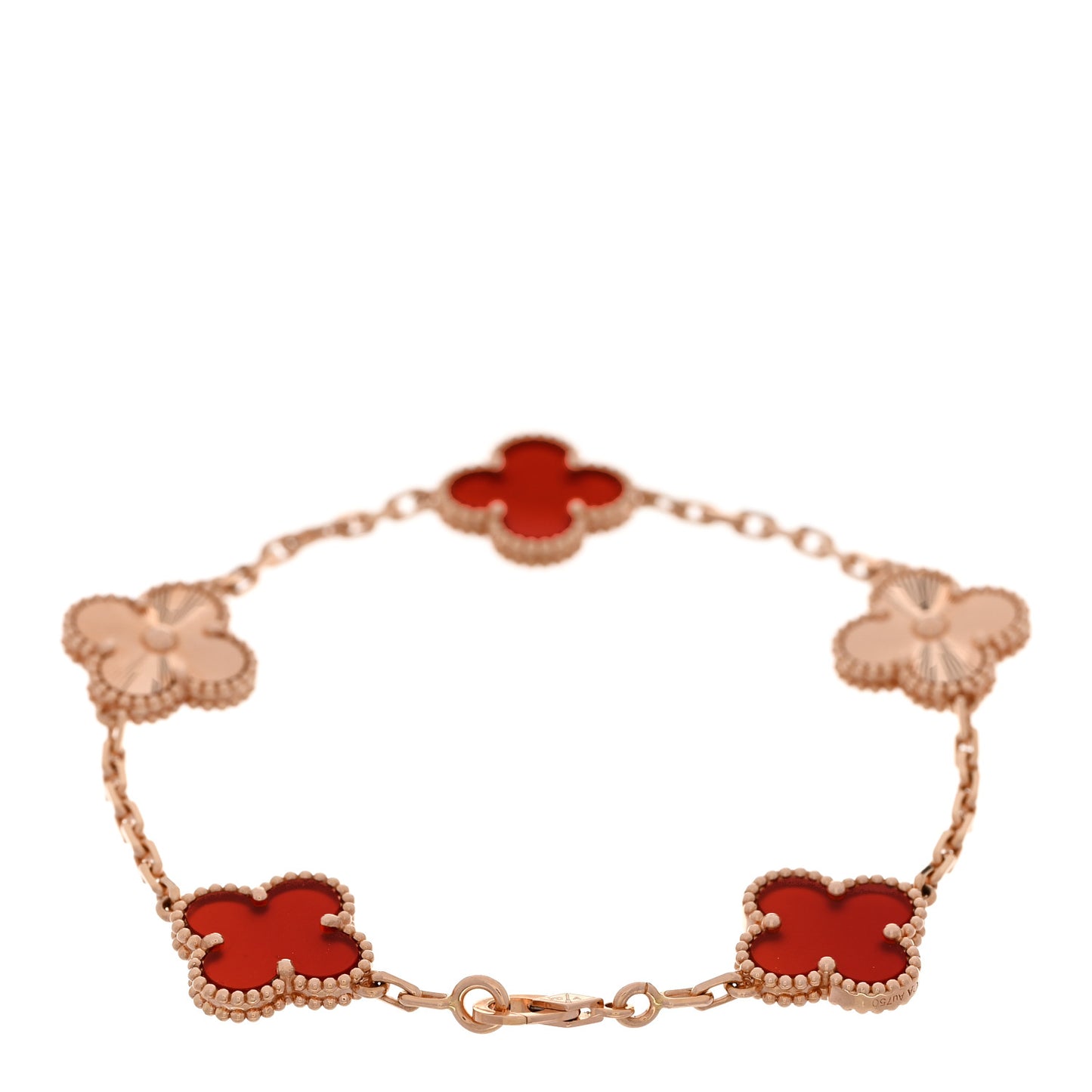 18K Rose Gold Carnelian 5 Motifs Guilloche Vintage Alhambra Bracelet
