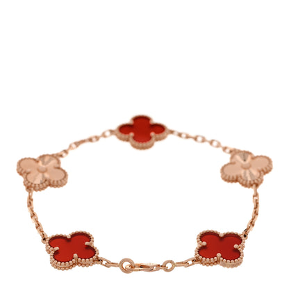 Van Cleef & Arpels 18K Rose Gold Carnelian 5 Motifs Guilloche Vintage Alhambra Bracelet 2 of 5