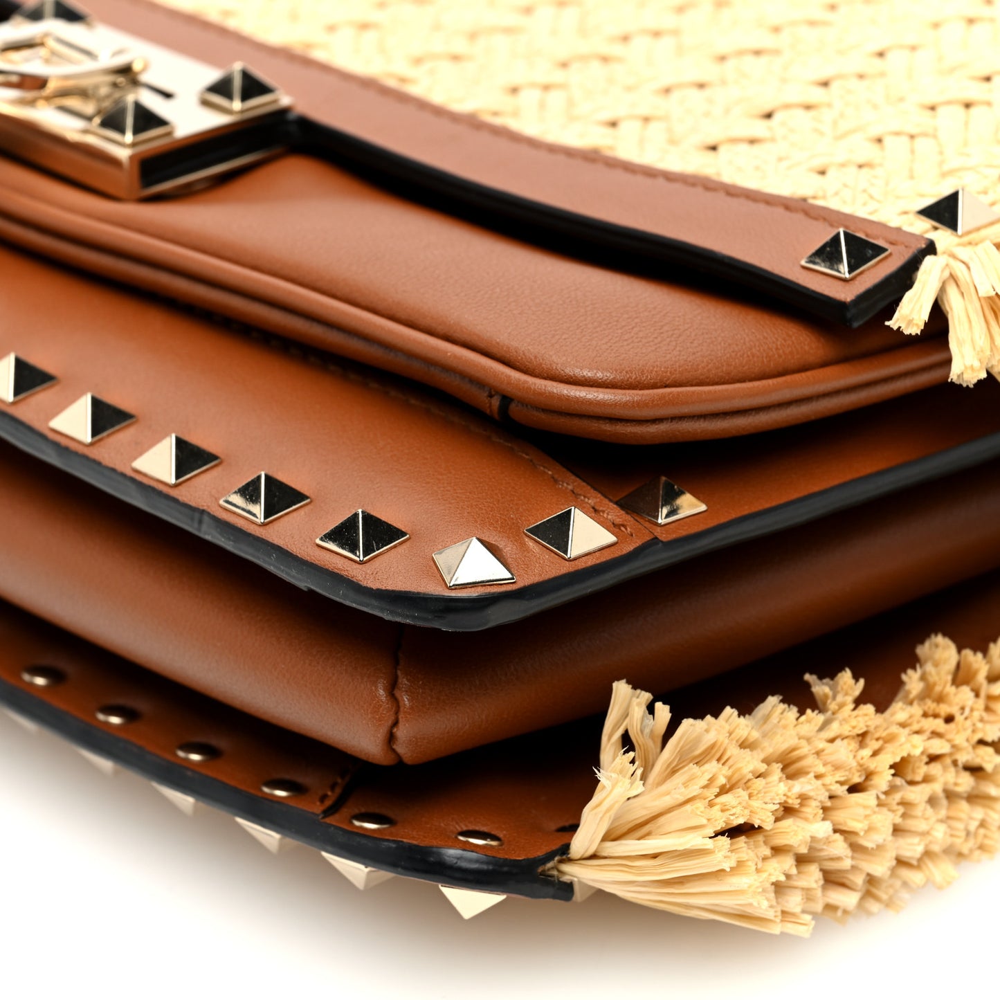 Raffia Woven Calfskin Rockstud Bag Natural Saddle Brown