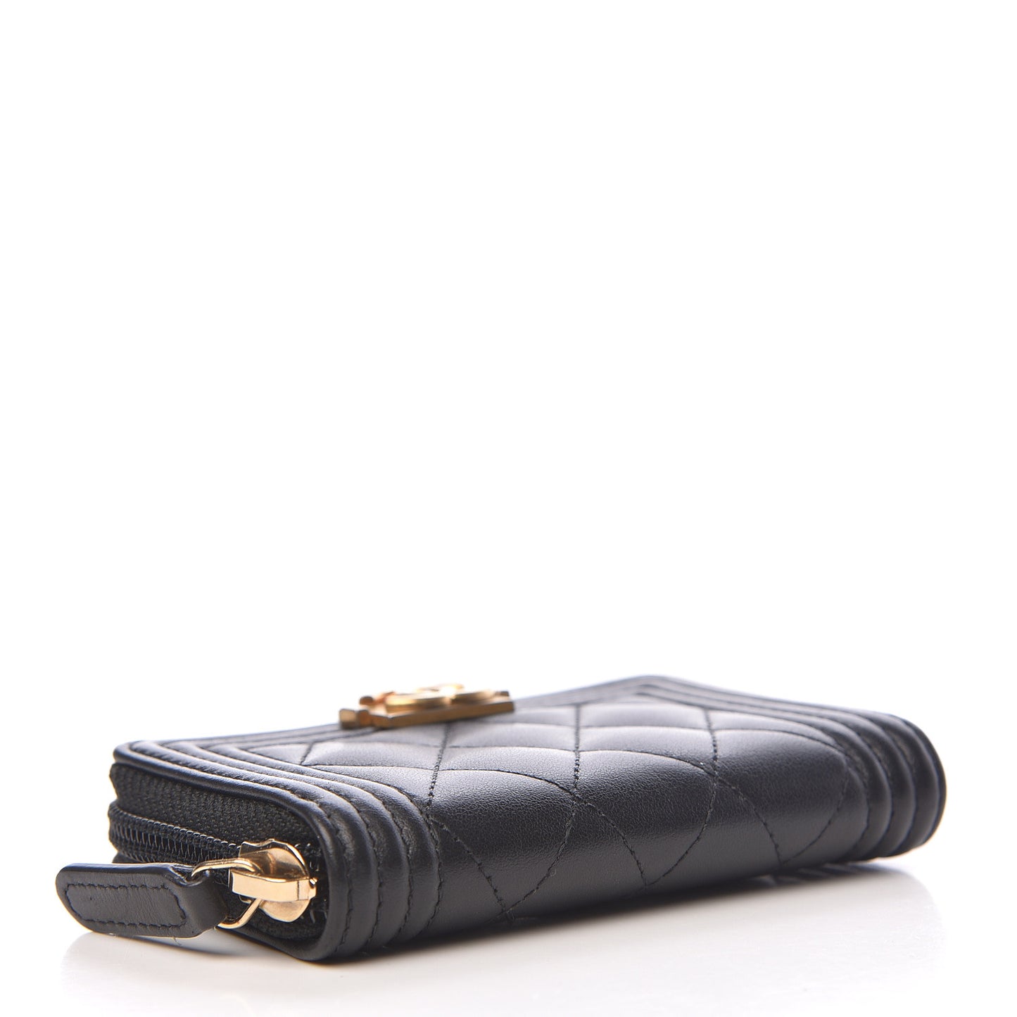 Calfskin Quilted Zip Around Boy Coin Purse Wallet Black
