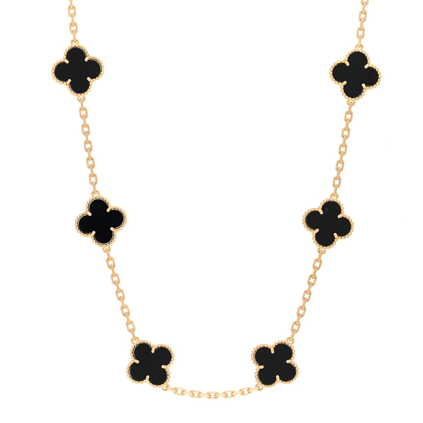 18K Yellow Gold Black Onyx 10 Motifs Vintage Alhambra Necklace