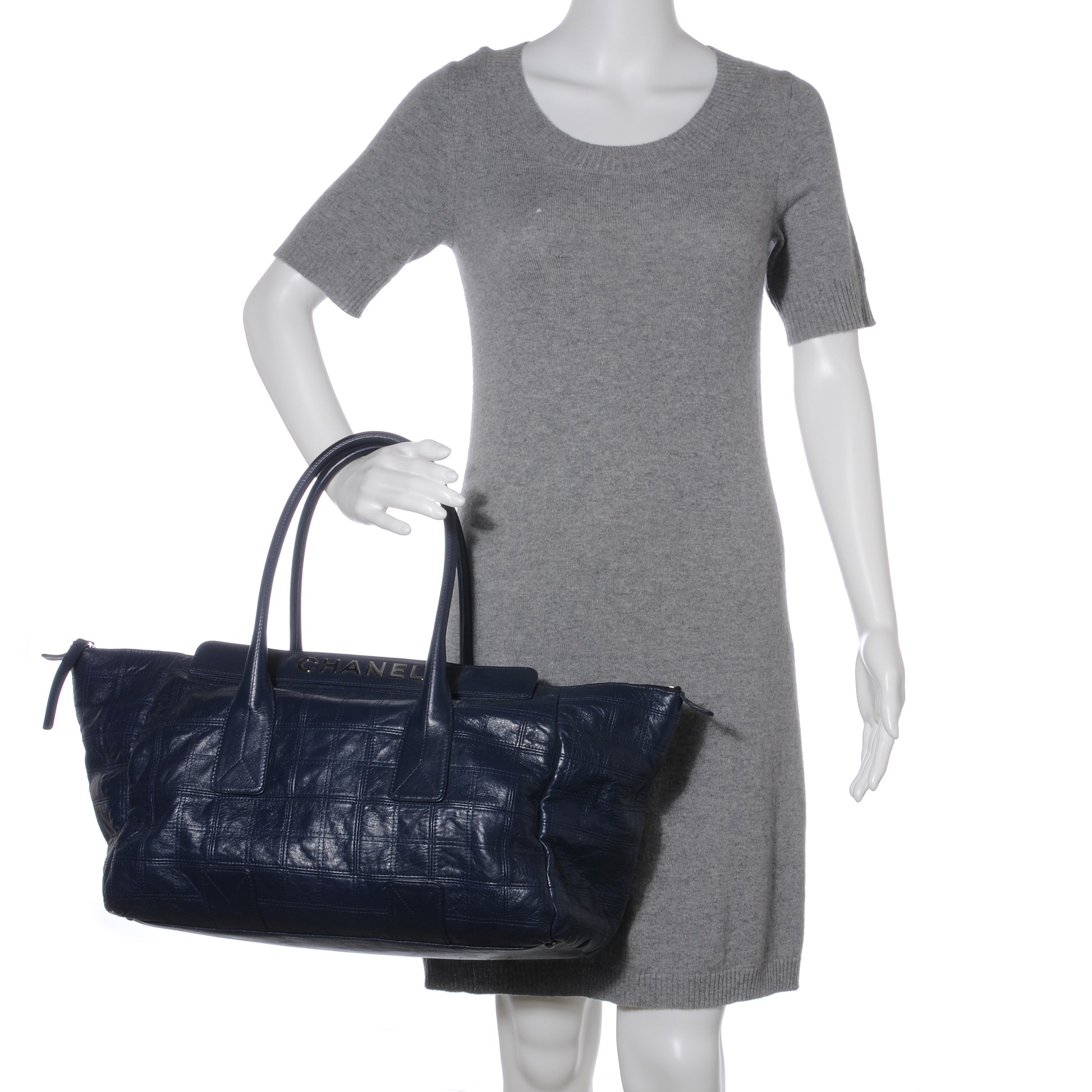 Chanel Leather Square Stitched Lax Shopping Tote Navy Blue 2 of 7