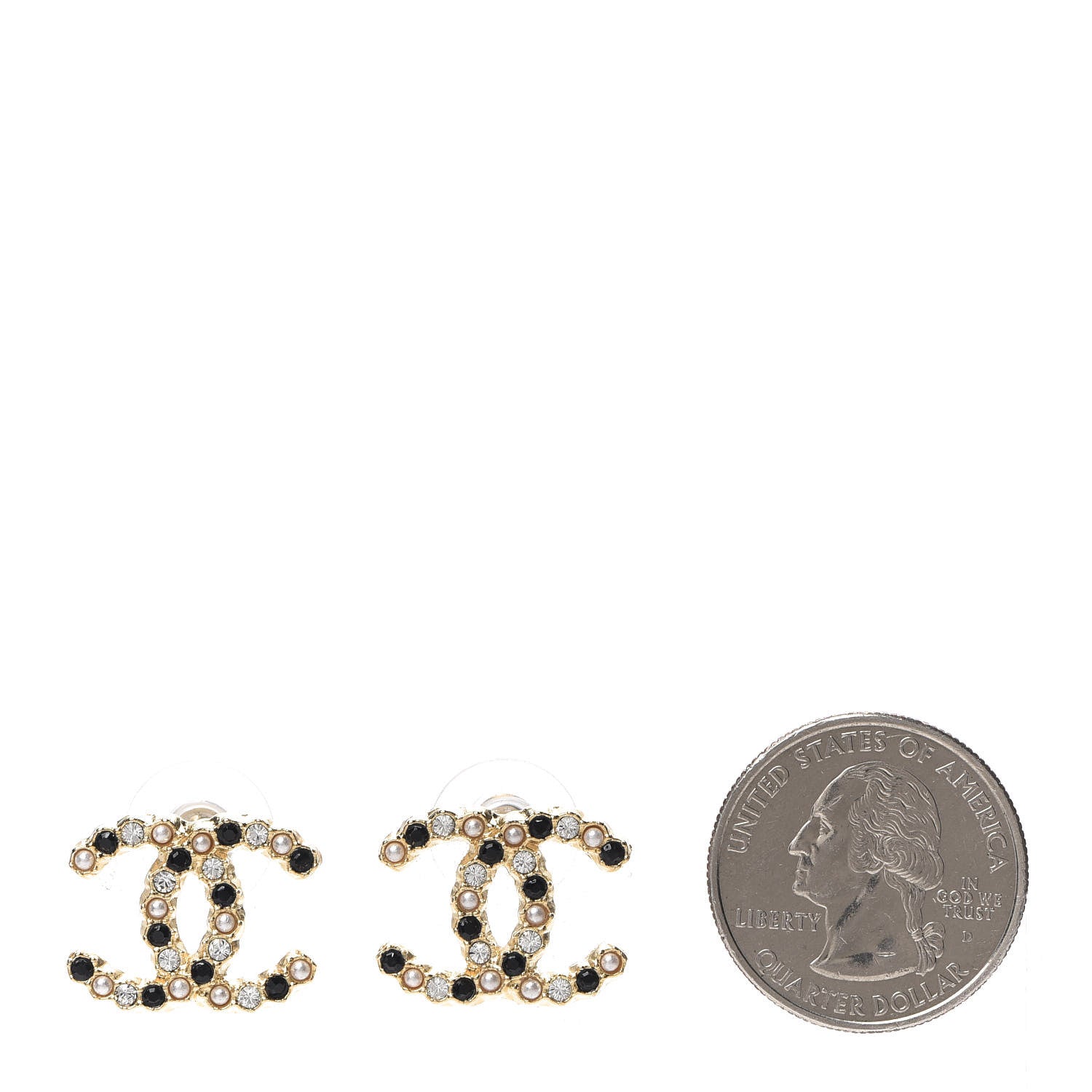Chanel Resin Pearl Crystal CC Earrings Gold Black 2 of 5