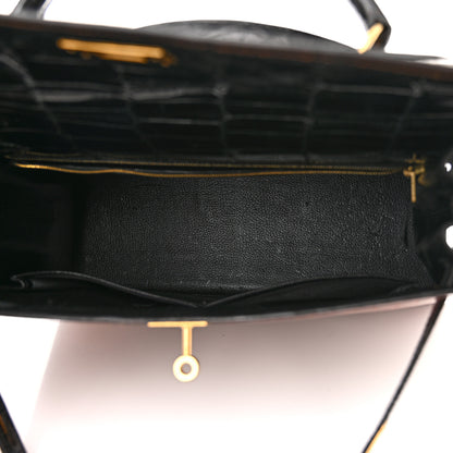 Hermes Shiny Alligator Kelly Sellier 32 Miel Gris Fonce Black 5 of 15