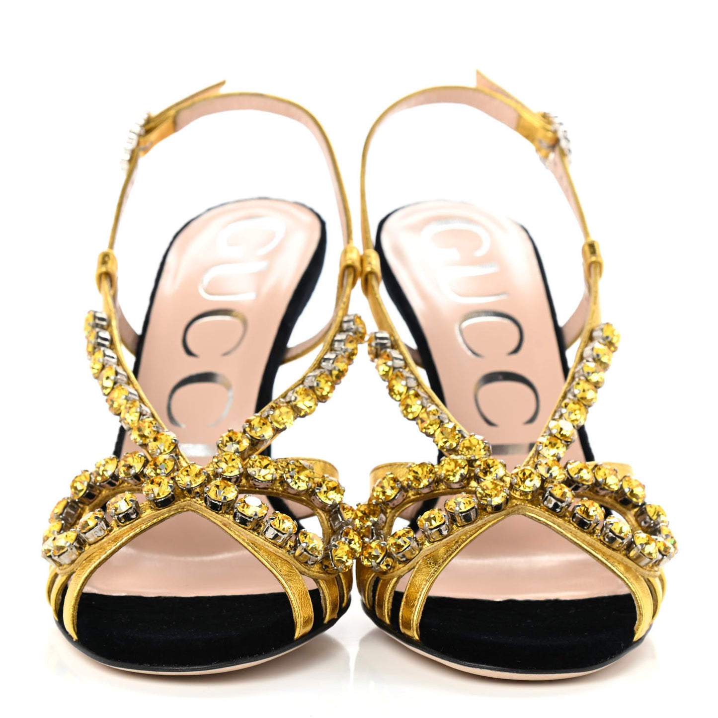 Velvet Nappa Crystal Zephyra Slingback Platform High Heel Sandals 35.5 Black Gold