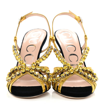 Gucci Velvet Nappa Crystal Zephyra Slingback Platform High Heel Sandals 35.5 Black Gold 2 of 7