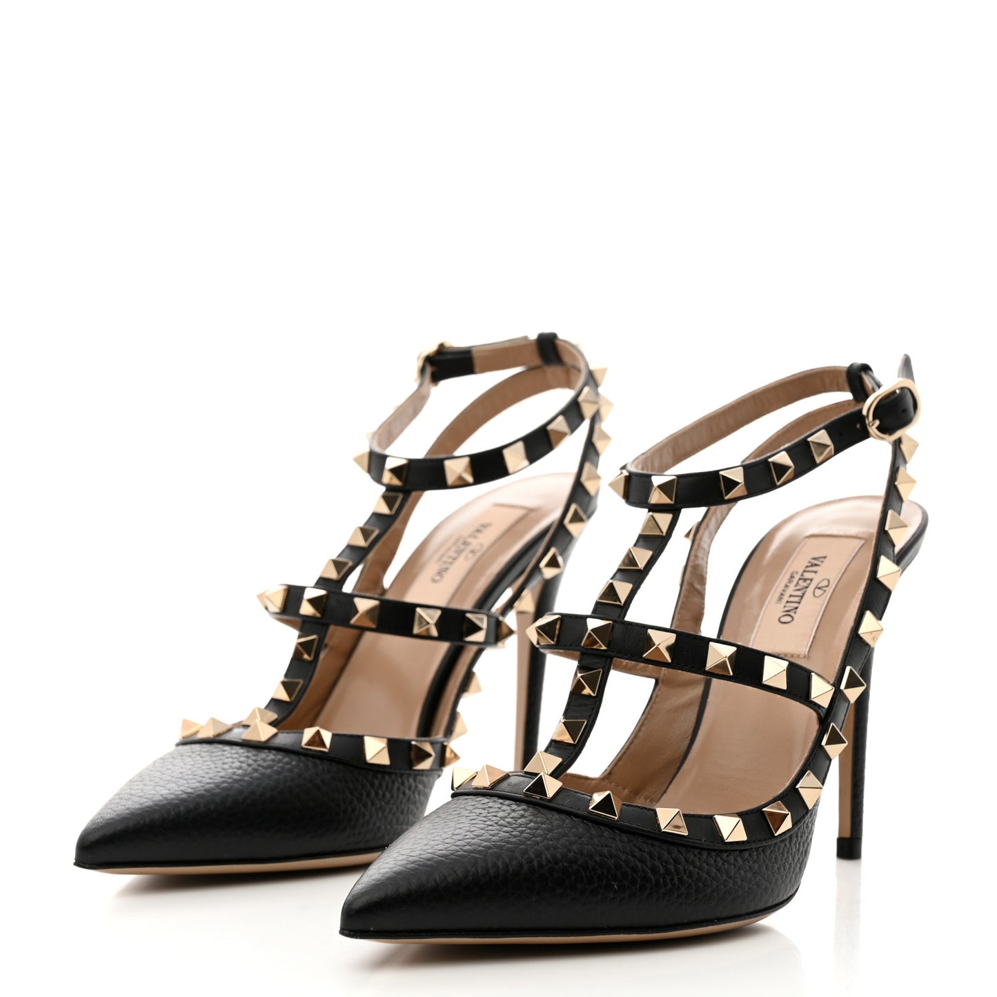 Pebbled Calfskin Rockstud Ankle Strap 100mm Pumps 37.5 Black