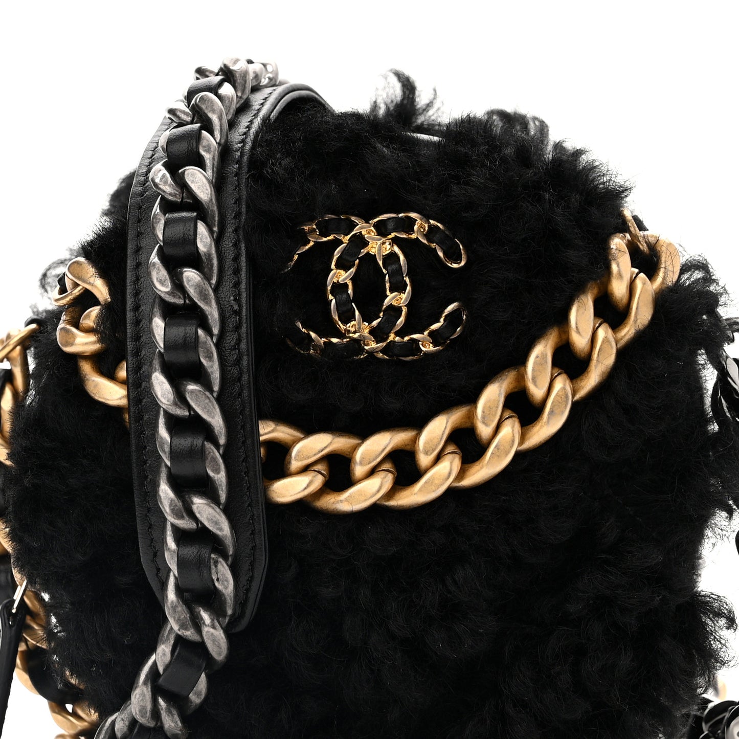 Shearling Sheepskin Chanel 19 Round Clutch With Chain Black