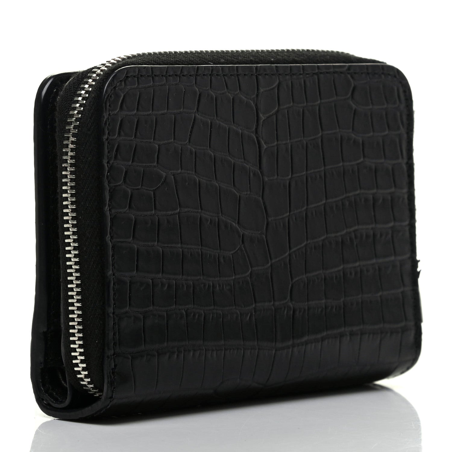Saint Laurent Calfskin Crocodile Embossed Monogram Compact Wallet Black 3 of 10