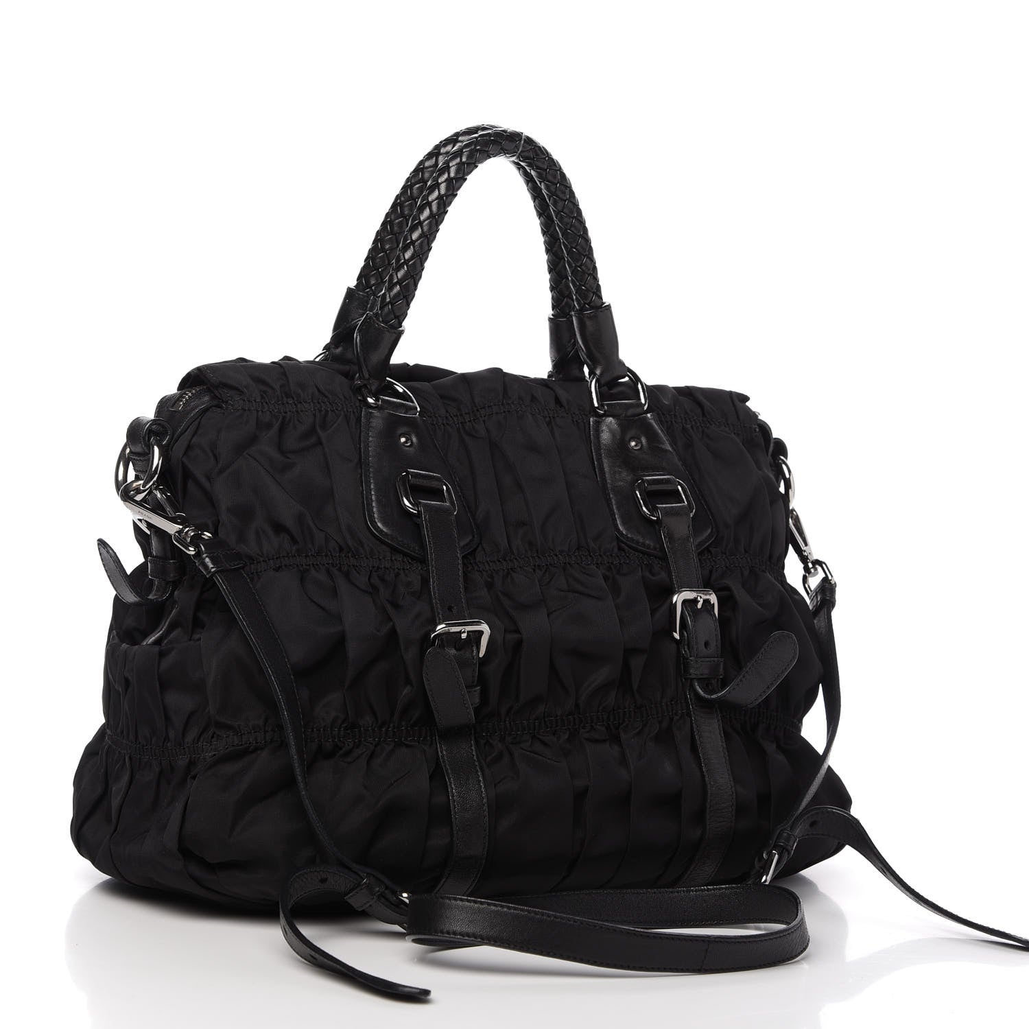 Prada Tessuto Nylon Nappa Braided Gaufre Shopping Satchel Black 3 of 10