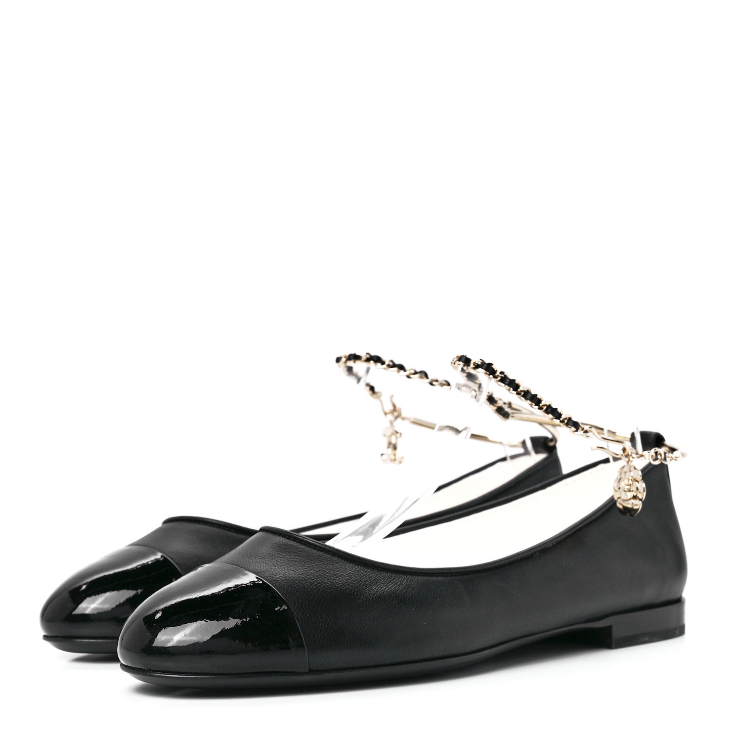 Lambskin Patent Calfskin Cap Toe Ankle Chain Ballerina Flats 38 Black