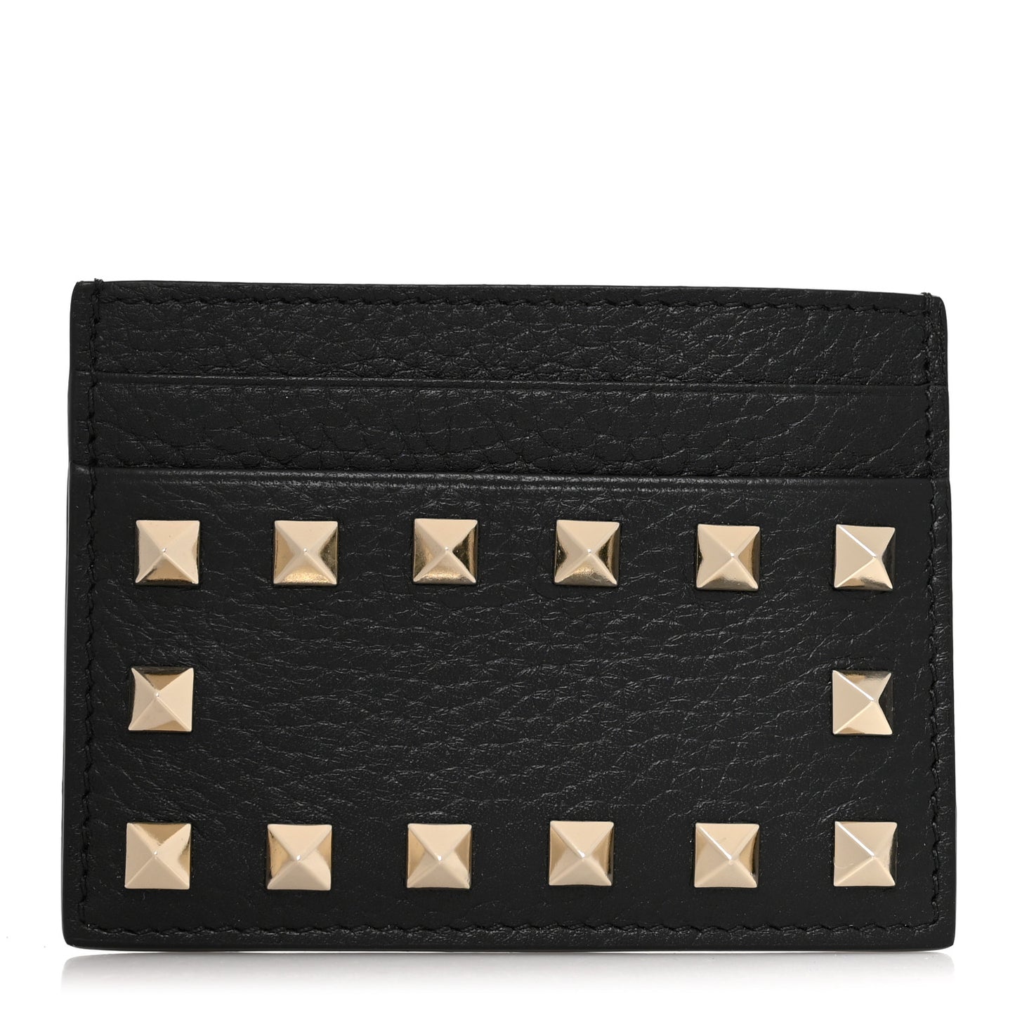 Pebbled Calfskin Rockstud Card Holder Black