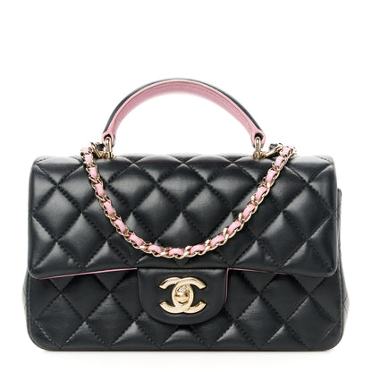 Chanel Lambskin Quilted Bi-Color Mini Top Handle Rectangular Flap Black Lilac 1 of 12